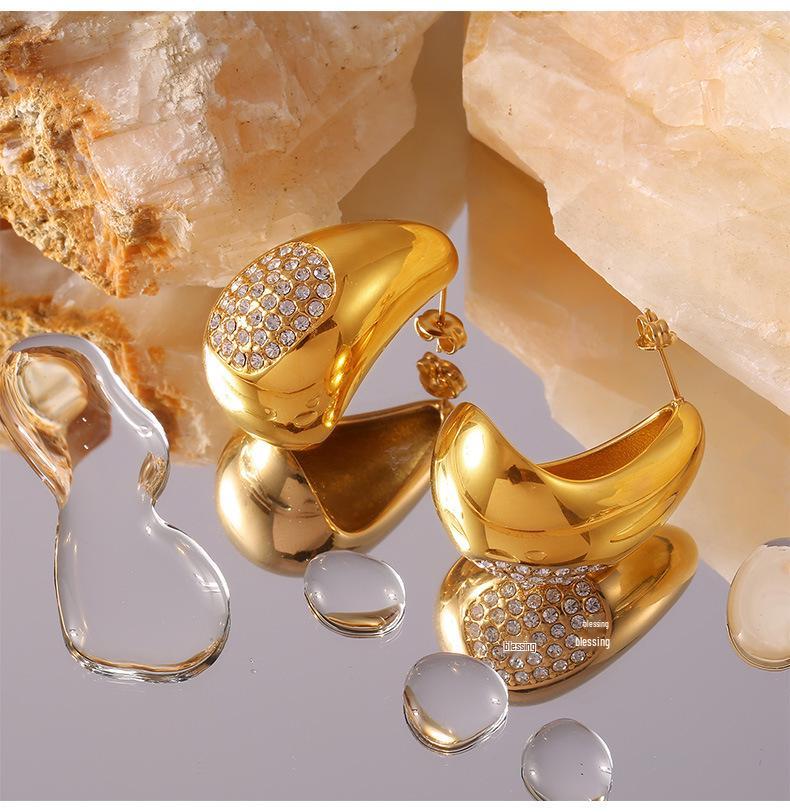 18k Gold Titanium Steel Teardrop Diamond Earrings - European & American Fashion Jewelry
