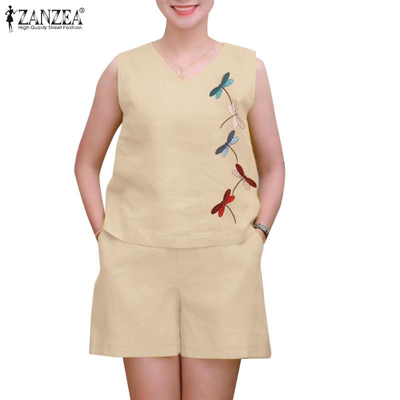 ZANZEA Women Sleeveless Tank Tops and Shorts Summer Two Piece Suit Sets