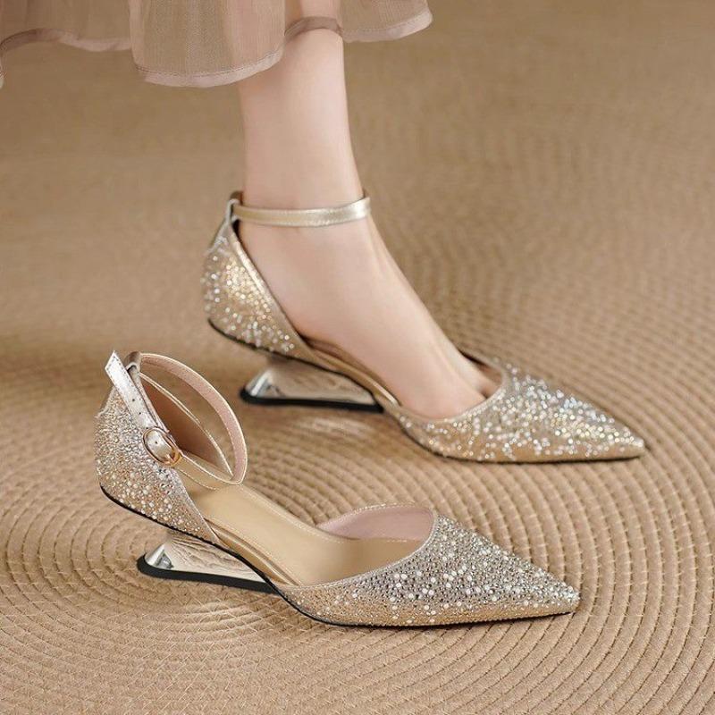 Hollow Rhinestone Baotou One Strap High Heels Summer Pointed Toe Shallow Mouth Special Heel Sandals