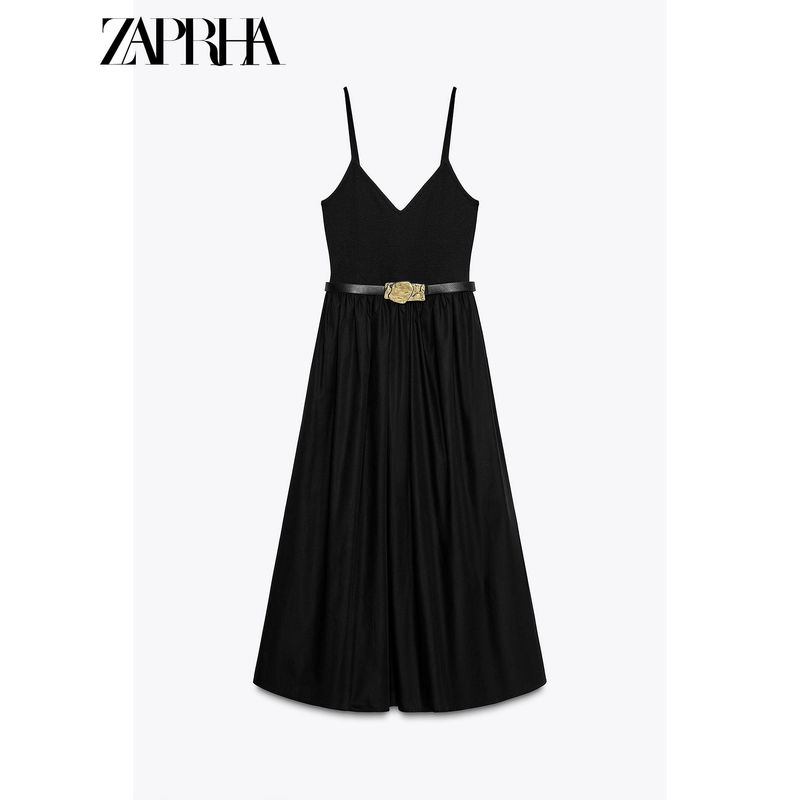 Zaprha2025 New Arrival Sexy Temperament with Belt Patchwork Midi Skirt V-neck Strap Dress Waist 1165065