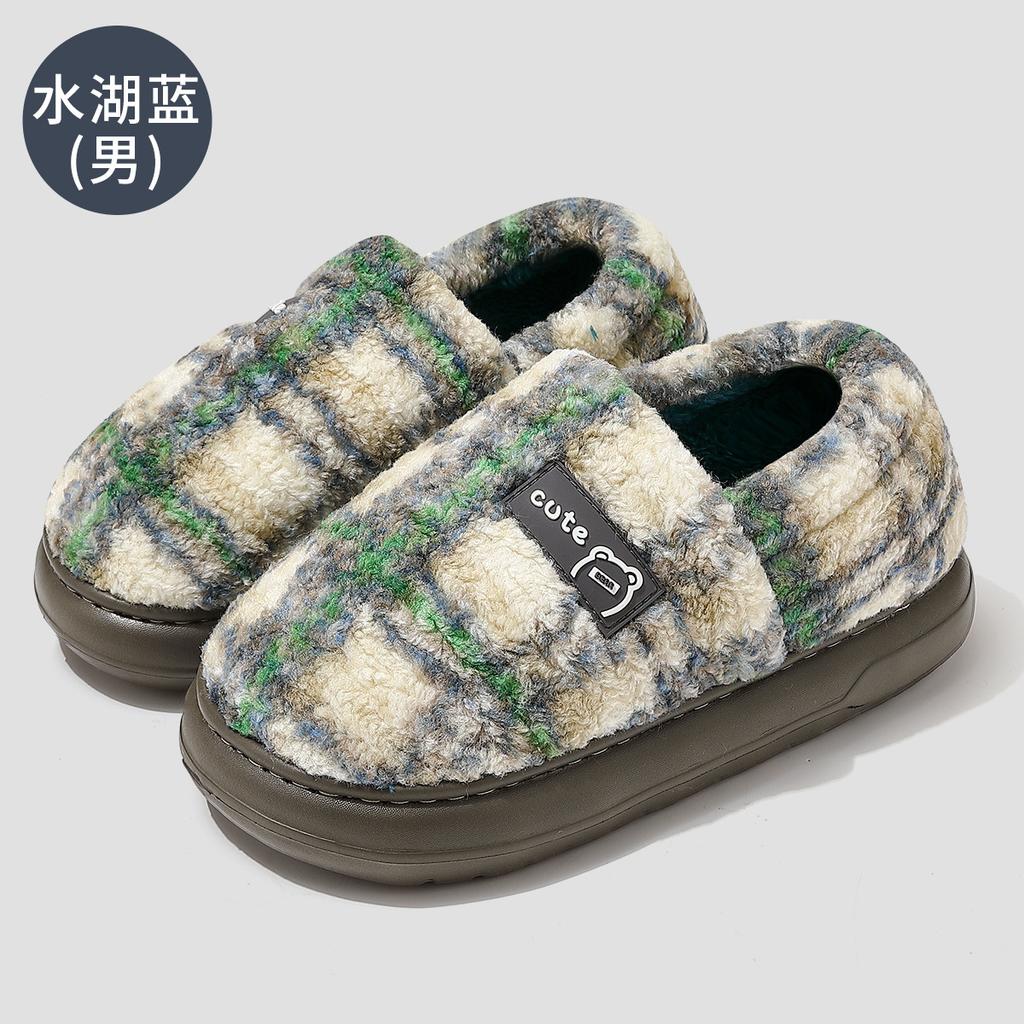 Retro Plaid Cotton Shoes Women's Autumn and Winter Home Plush Warm Outer Wear Non-slip Korean Version Bag Heel Cotton Slippers Men