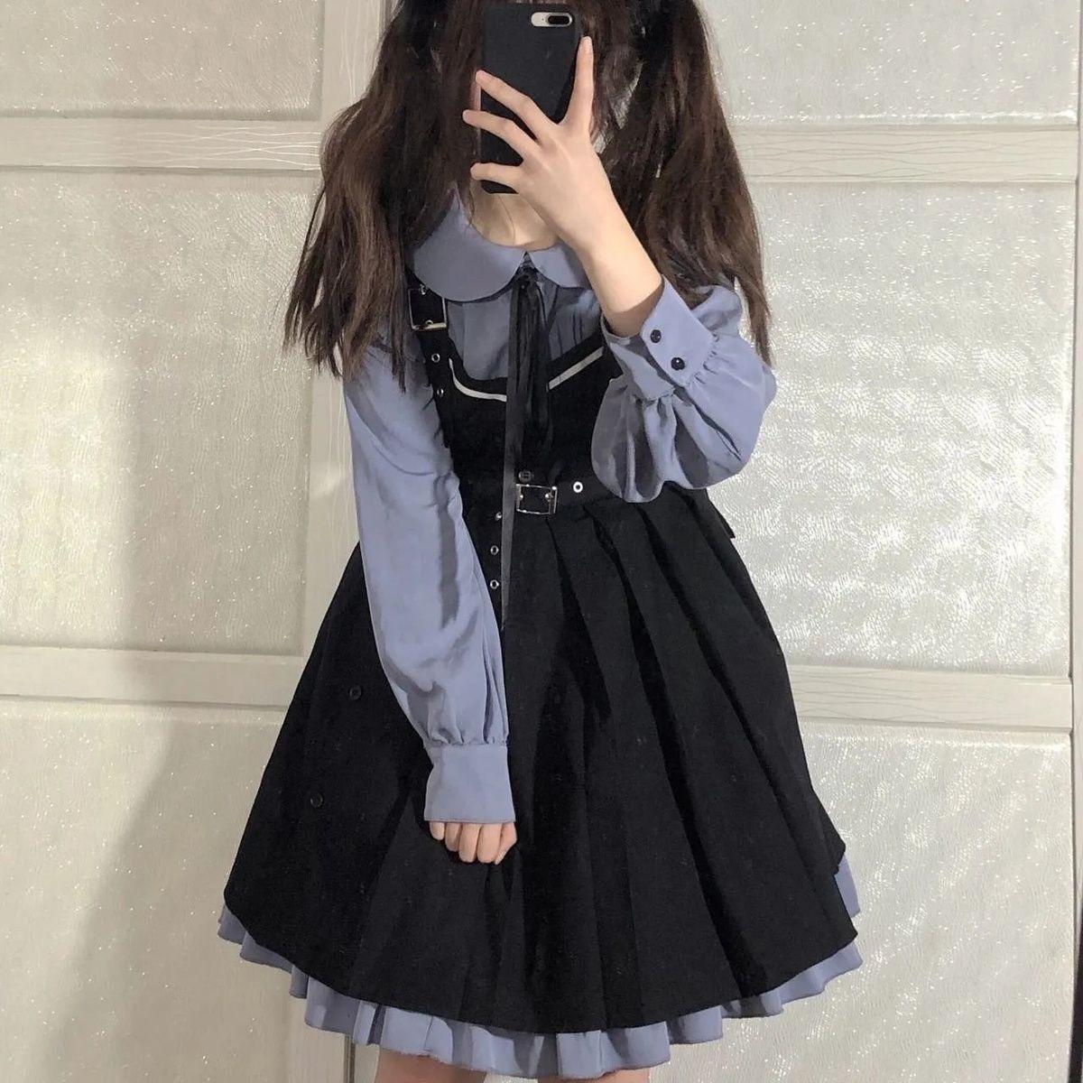 

Платье Kawaii для девочек с кукольным воротником и оборками с длинными рукавами + элегантное черное платье на бретелях для женщин, милые японские наряды, костюмы из двух предметов S