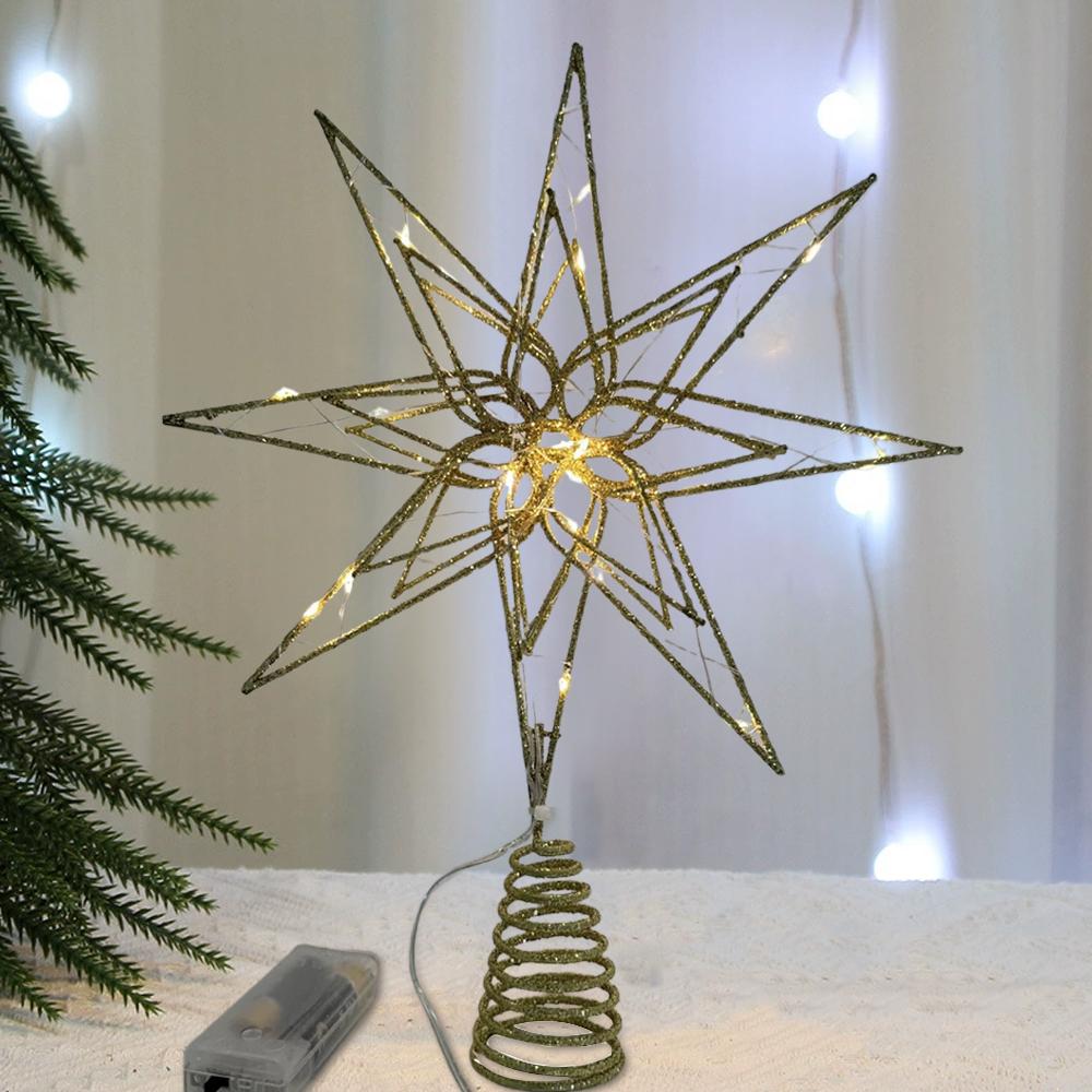 20-Lights Christmas Star Tree Topper Multi-Pointed Pre-lit Glittered Snowflake Treetop Lighted Xmas Treetop for Home Decorations