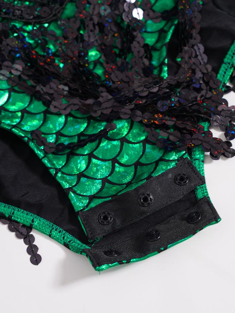 Dívčí třpytivé flitry rybí šupiny leotard mašle na zádech třásně body tanec soutěž party outfit