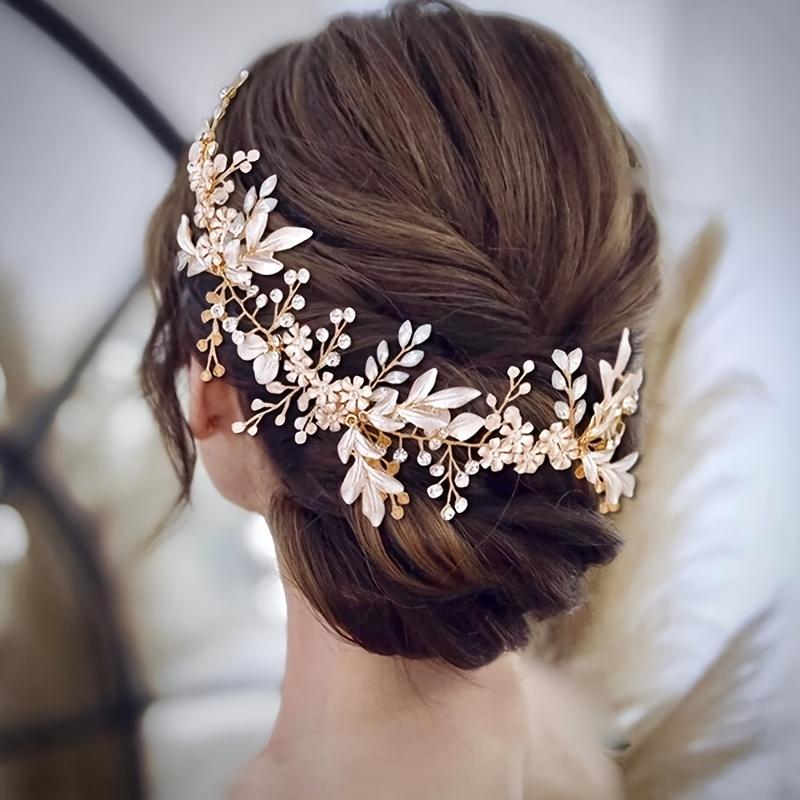 Bridal Hair Accessories Crystal Pearl Headband Tiara Rhinestone Leaf Headband Hairband for Women Elegant Princess Headwear