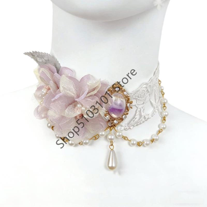 

Lady Chokers Gothic Women Neck Jewelry Accessory Girl Lace Gothic Vintage Sexy Fashion Rose Pearls Beads Flower Necklace