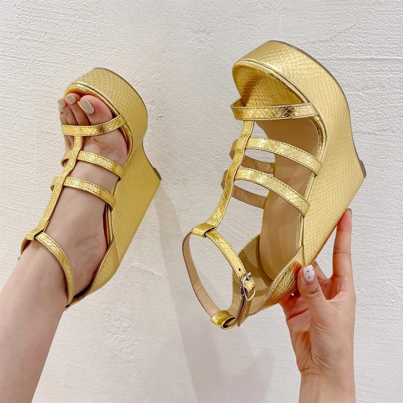 Fashion Eilyken Summer Golden Open Toe Narrow Band Platform Wedges Woman Sandals Fashion Hollow Out Thick Bottom High Heels Shoes