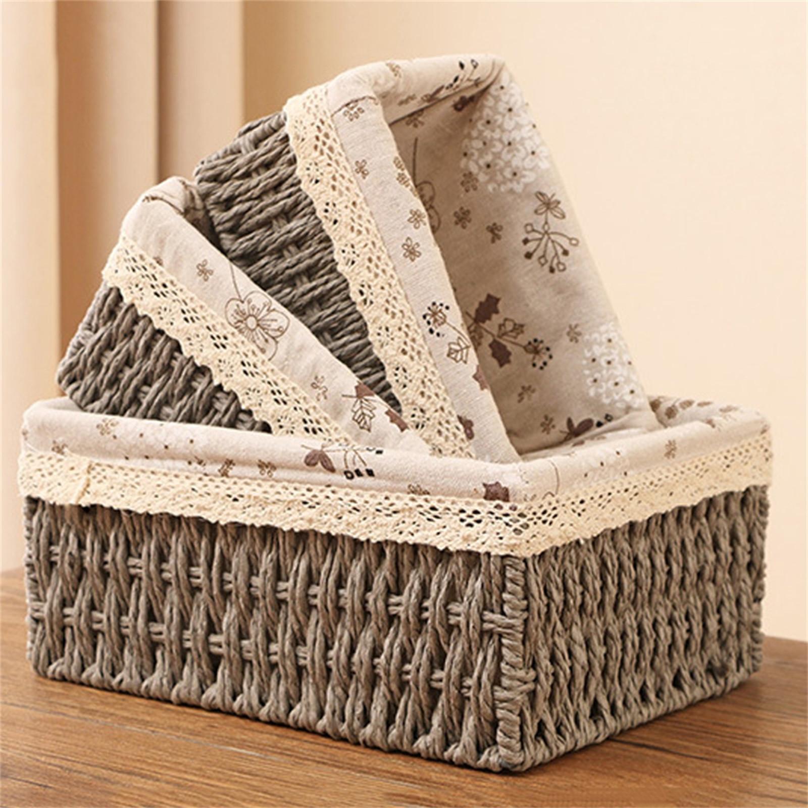 

Woven Storage Baskets Set of 3 with Floral Fabric Lining and Lace Trim Rectangular Desktop Organizer for Home Office Storage One Size
