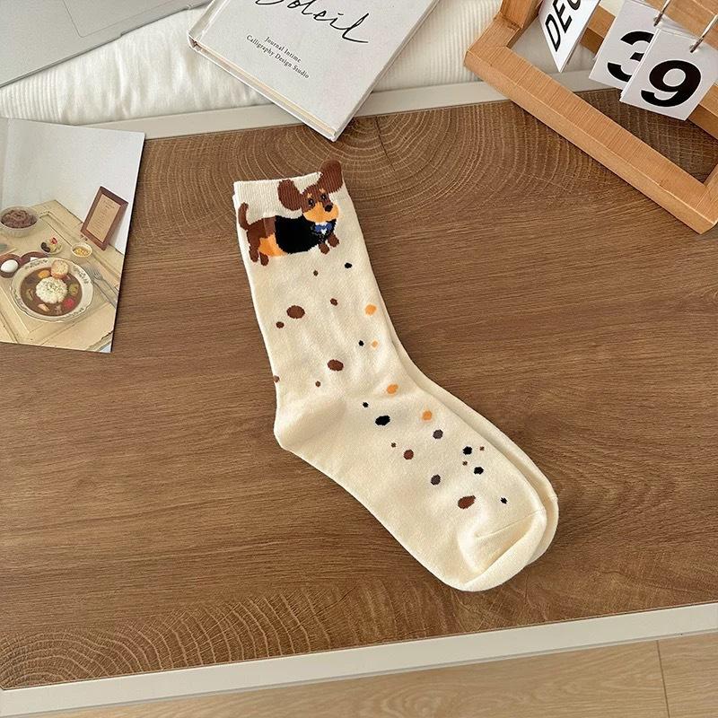 Autumn and Winter Versatile Three-dimensional Cartoon Socks for Women, Pure Cotton Colorful Dot Striped Fringed Dachshund Mid-calf Socks in Trend