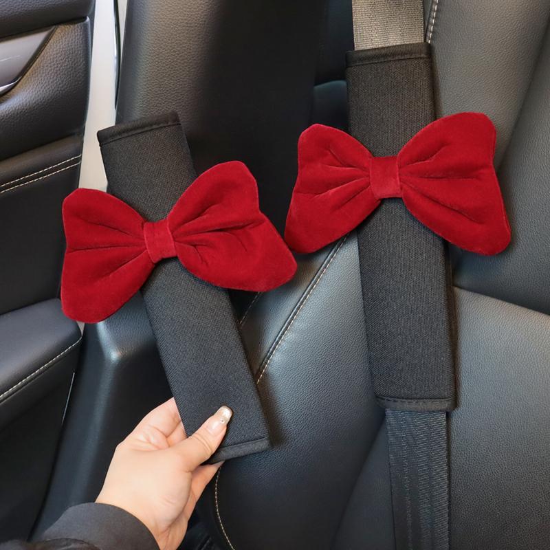 Cute Cartoon Red Bow Car Neck Pillow Summer Ice Silk Universal Auto Seat Headrest Support Seatbelt Cover Car Accessories