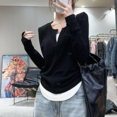 Contrasting Color Zipper Long-sleeved T-shirt Women's Spring Fake Two-piece Contrasting Color Splicing Top Pinch Pleated Bottoming Shirt