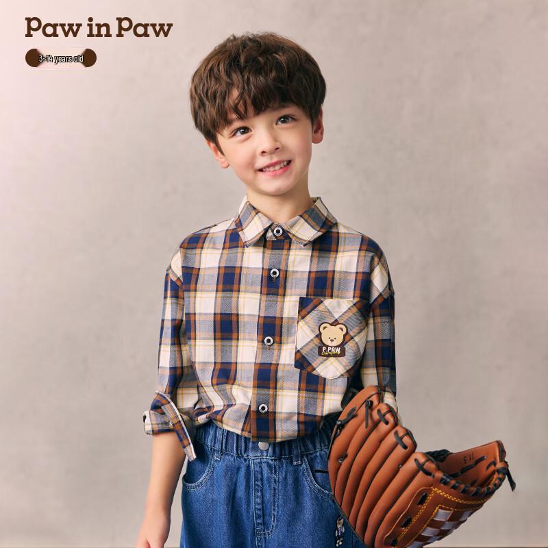 PawinPaw Boys' Cartoon Bear Plaid Lapel Shirt
