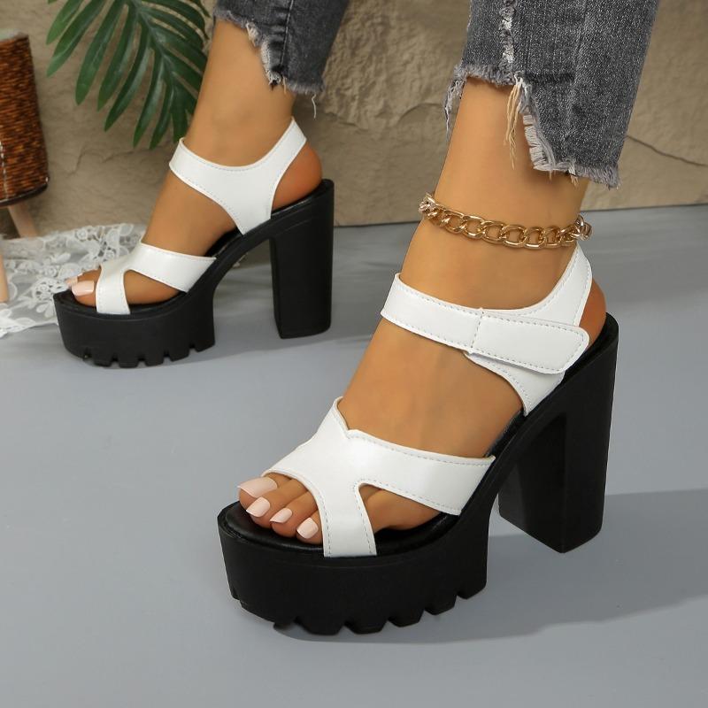 Fashion Platform Super Heels Summer New Round Toe Open Toe Cutout One Strap Non-slip Block Heel Fish Mouth Sandals