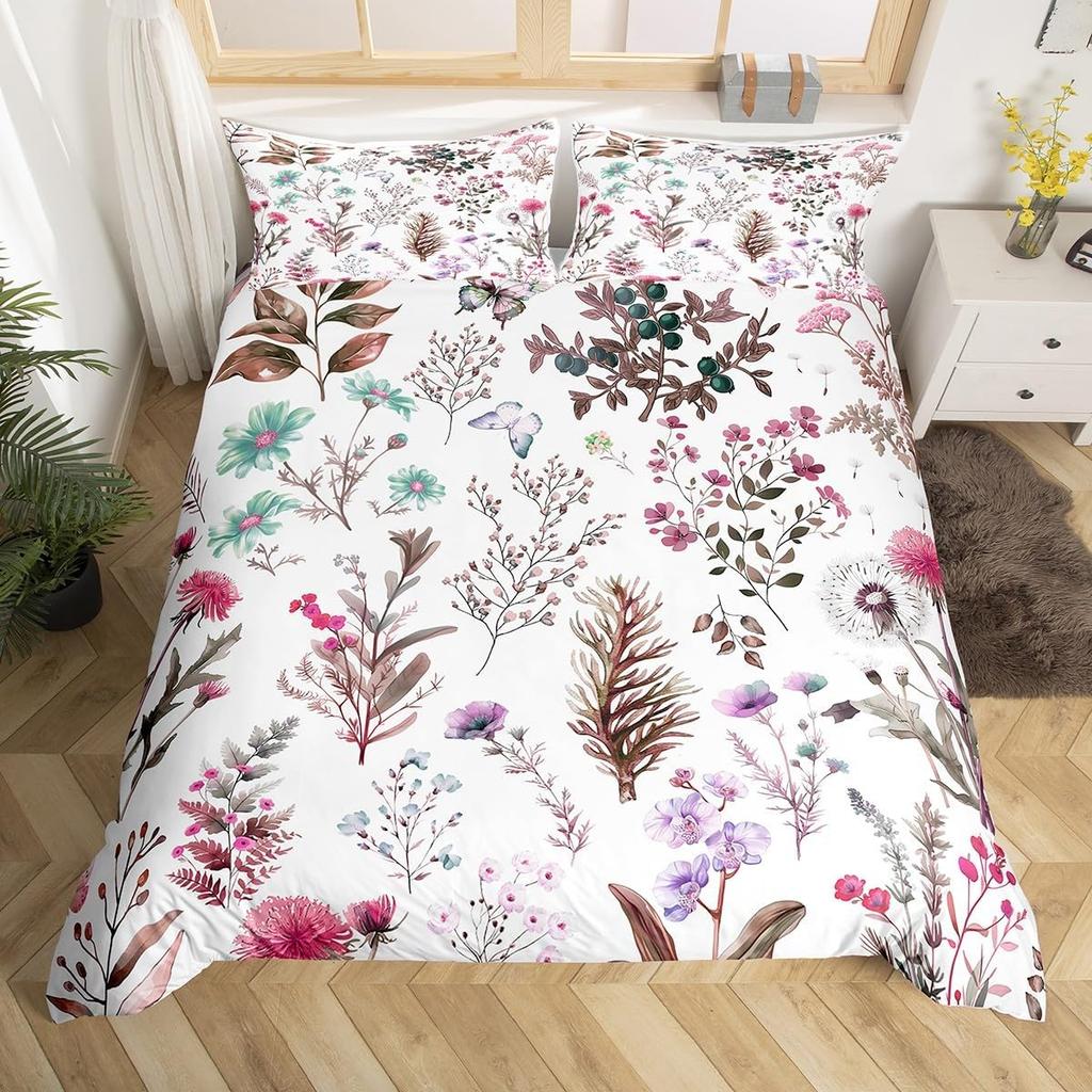 Floral Duvet Cover For Girls Boys Cute Botanical Leaves Bedding Set Kawaii Room Decor,Lovely Floral Herbs Flower Comforter Cover