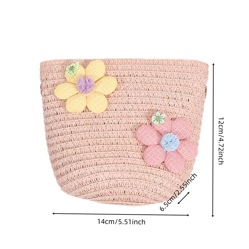 Girl Zipper Flower Straw Bag Cute Photo Props Handmade Woven Kid Messenger Bags Storage Basket Coin Purse Crossbody Handbag