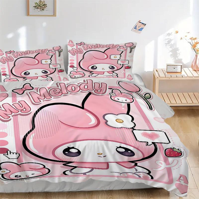 

3pcs Pink Bunny My Melody Pattern Bedding Set, 1* Cover + 2*Pillowcases, Printed Bedding Set, Soft and Comfortable, Suitable for Bedroom and 135x200cm