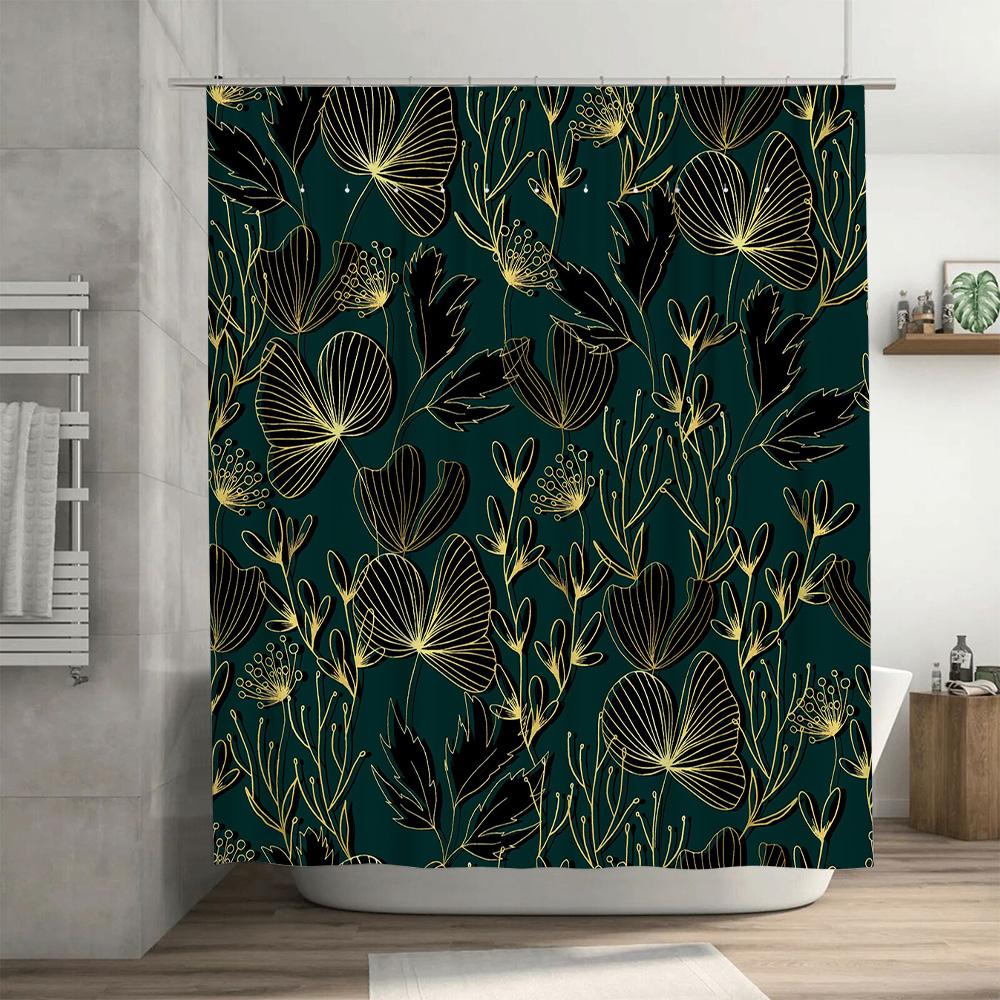 Luxurious Black Gold Ginkgo Leaf Shower Curtain Green Bathroom Decor, Waterproof Fabric for Home Bath Room X-Large Size (180x205