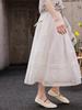 Women's White Ramie Embroidered Midi Skirt with Elastic High Waist and Wide Hem - Spring 2026 Collection