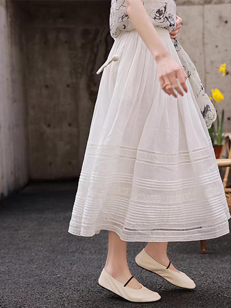 Women's White Ramie Embroidered Midi Skirt with Elastic High Waist and Wide Hem - Spring 2026 Collection