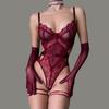 Tempted Lingerie For Woman Elegant Wine Red Lace Mesh Bodysuit With Gloves Sexy Intimate Party Costume Girl'S Fashion Outfit