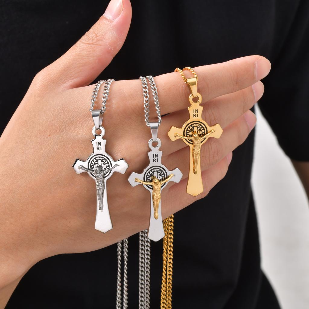 Vnox Saint Benedict Catholic Cross Pendant Necklace for Men Women, 50/60/70cm Stainless Steel Link Chain, Religious Jewelry Gift