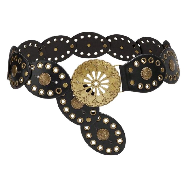 Comfortable Round Disk Waist Belt For Women PU Leather Strap With Ethnic Motifs Everyday Wear