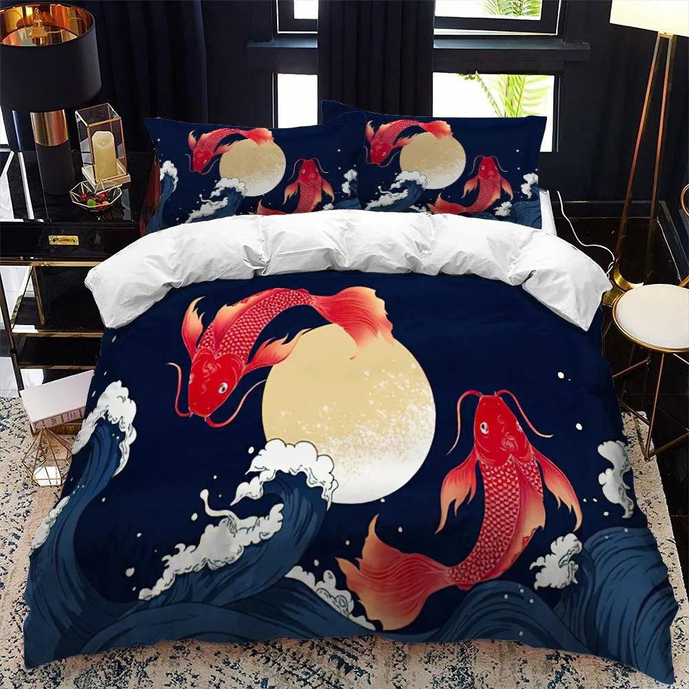 Dynetrekk i japansk stil King Queen Full størrelse Ukiyo-e-tema bølgemønster polyester sengetøysett Fuji Mountain Exotic Style