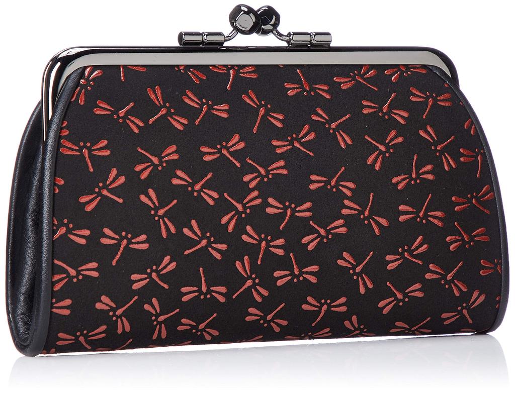 Indenya Parent-Child Clasp Coin Purse, 340cm, Black Deer Leather with Red Lacquer, Dragonfly Pattern, 1501-21-008