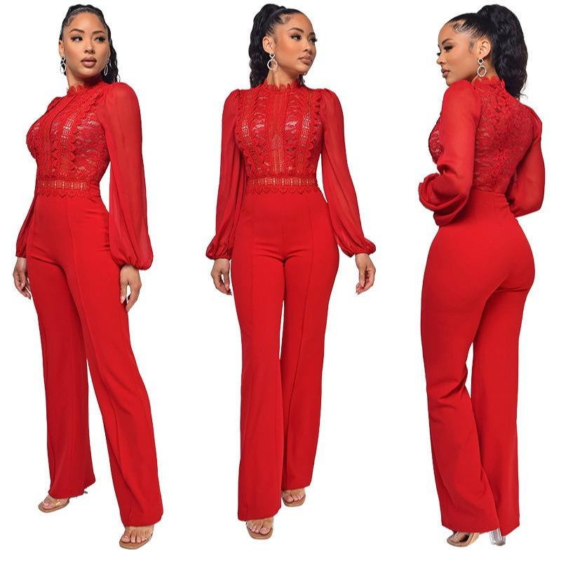 Women's High Collar Lace Lace Fashion Solid Color Chiffon Long Sleeve High Waist Jumpsuit