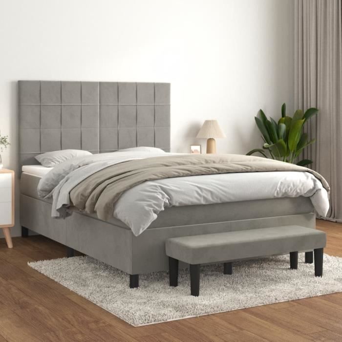 3137839 vidaXL Lit à sommier tapissier et matelas Gris clair 140x190cm Velours
