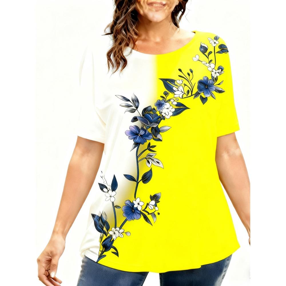 

XL-7XL Plus Size Women s T-Shirts Women s O-neck Fashion Flower Patchwork Color Printed Top Short Sleeve T-shirt 5XL