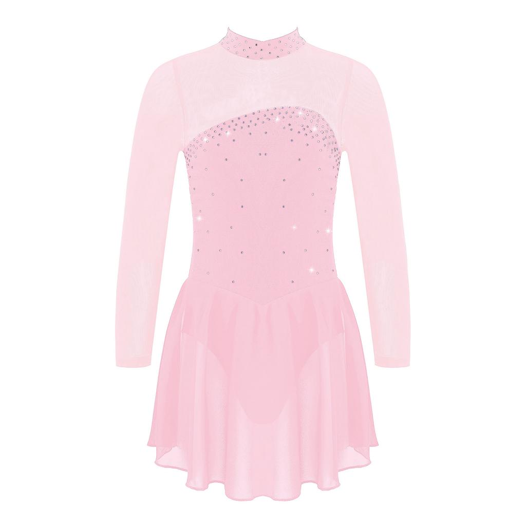 Girls Sparkling Mesh Dance Dress Long Sleeve Keyhole Back Leotard for Ice Skating Ballet Costume