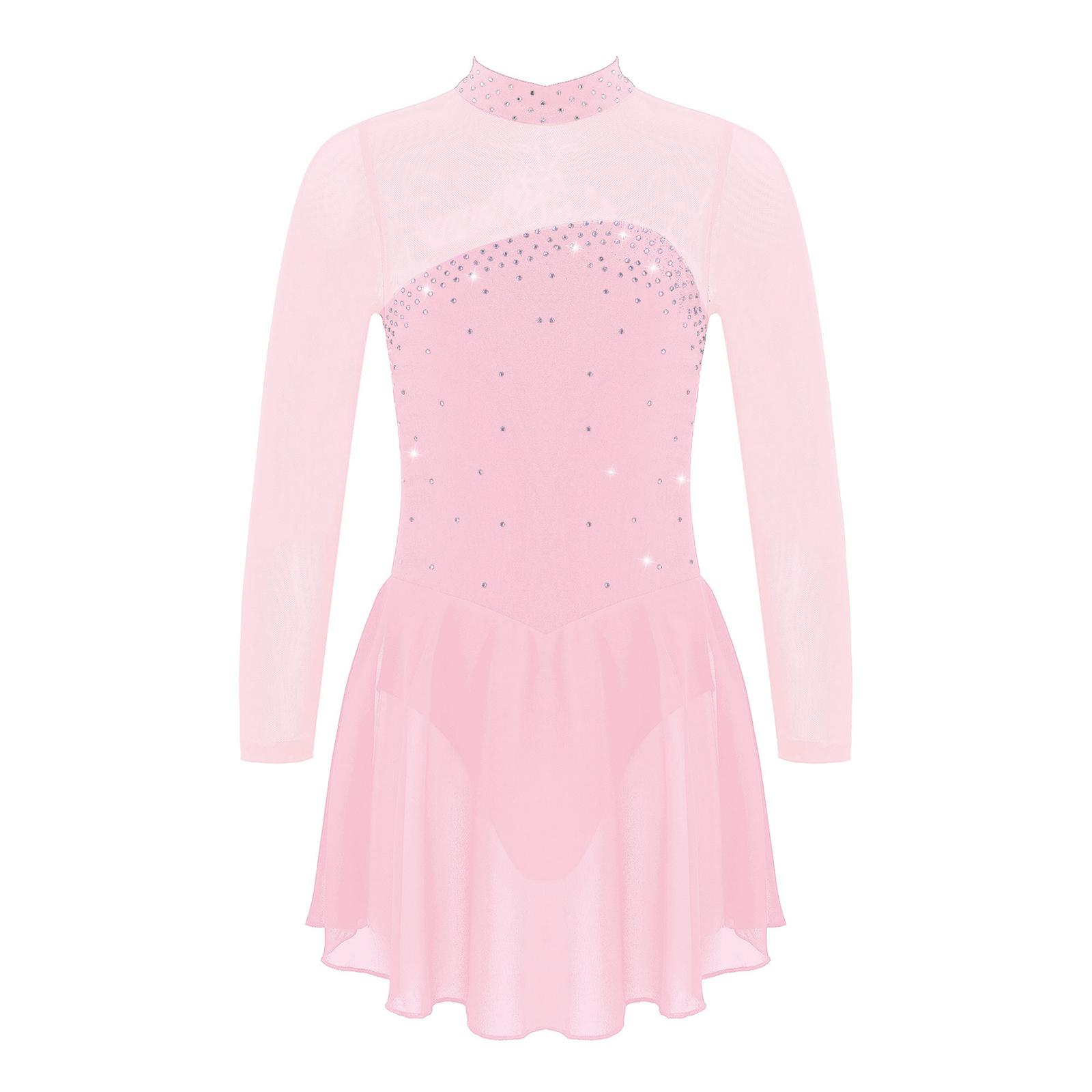 

Дівчата блискучі сітка танцювальна сукня з довгим рукавом замкова щілина назад купальник для катання на ковзанах балетний костюм 9-10 Years рожевий