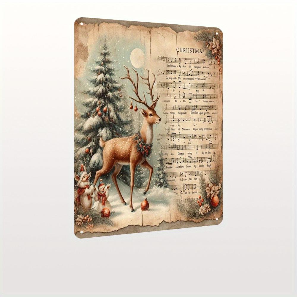 Vintage Christmas Music Sheet Wall Decor: 8x12in Iron Deer & Snowflake Sign, Easy To Hang