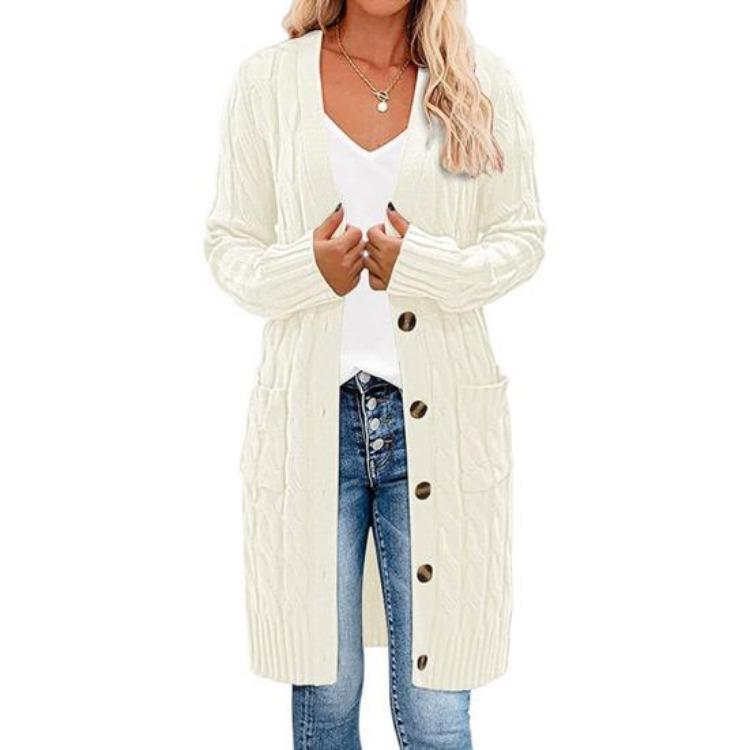 

Button Up Knitting Jacket Women Sweater Cardigan Solid Color V Neck Long Sleeve Twist Texture Tops with Pockets S бежевый