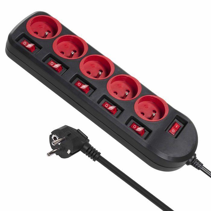Bloc multiprises - Maclean Energy - 5 prises - Interrupteur lumineux - 1.5m - Noir/Rouge