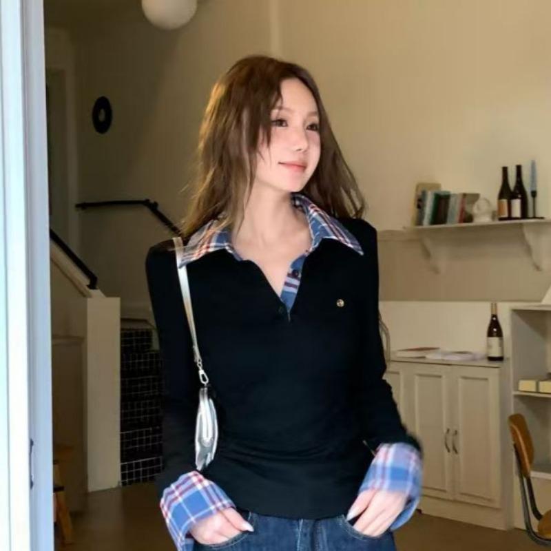 

Весенне-осенняя женская футболка-поло с длинными рукавами и имитацией клетчатой ткани, состоящая из двух частей, облегающая, с воротником-поло XL синий