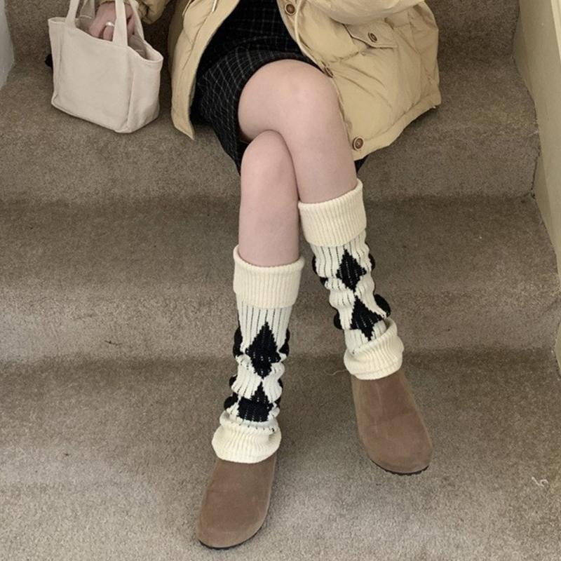 Argyle Pattern Wool Knitted Turn Cuffs Leg Warmers for Women and Students Cold Weather Foot Covers Footless Calf Socks