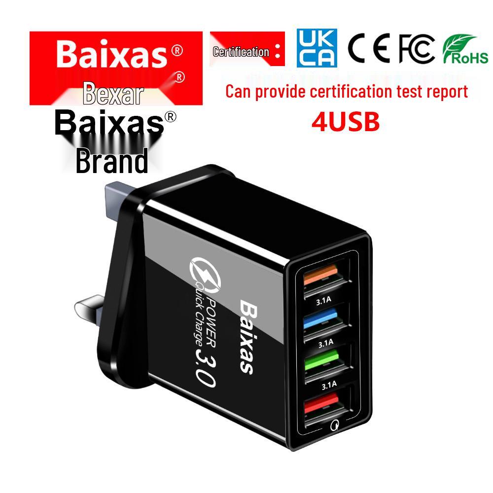 4-Port USB Mobile Charger (US/EU Standard), 3A Tablet Travel Charging Head