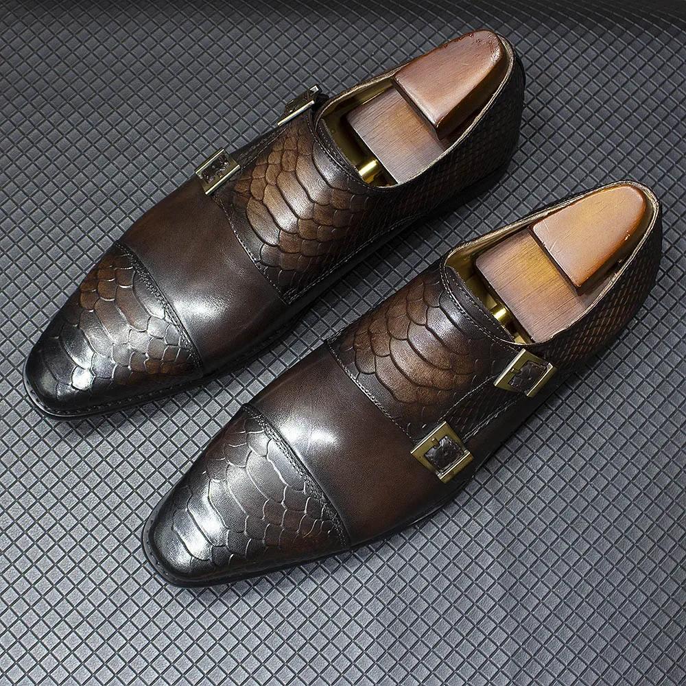 Fashion Luxury Double Buckle Monk Strap Men's Dress Shoes Genuine Leather Classic Crocodile Pattern Formal Business Office Footwear