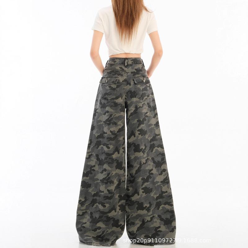 Retro Camouflage Tooling Jeans Autumn and Winter Straight Loose Drape Floor Trousers
