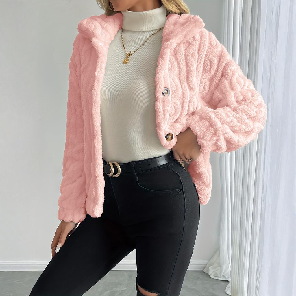 Women's Fashion Solid Color Collar Button Long Sleeve Plush Warm Women's Jacket Coat