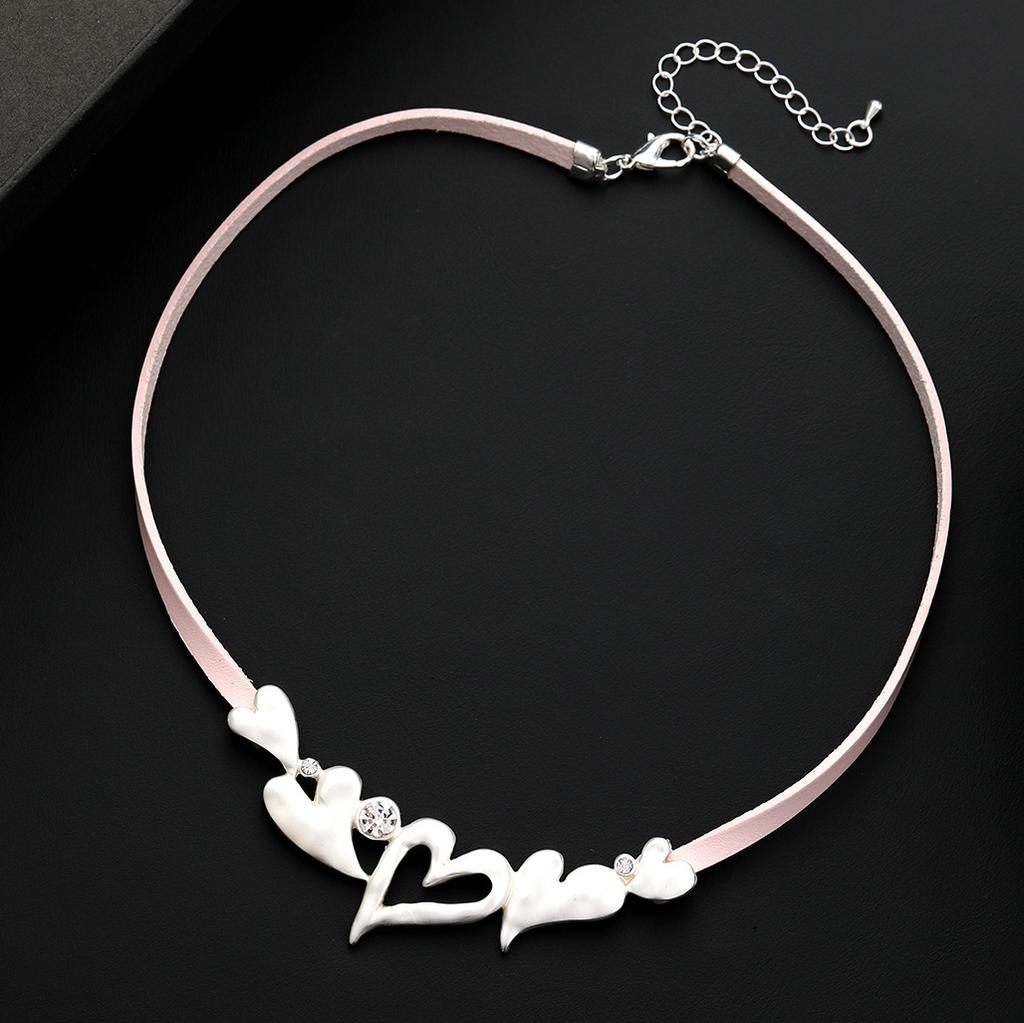Love Hollow Diamond Leather Rope Necklace Dumb Silver Love Fashion Versatile Ladies Pink Leather Rope Necklace