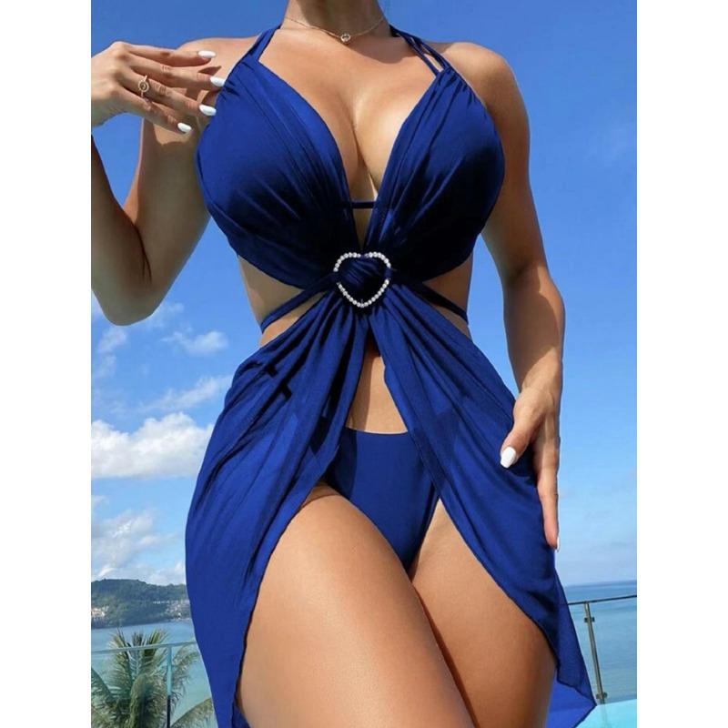 Women's White Heart Rhinestone Mesh Cover-Up Three-Piece Bikini Swimsuit Set
