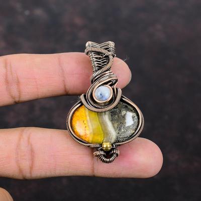 Bumble Bee Jasper Copper Wire Wrapped Pendant Rainbow Moonstone Pendant Natural Gemstone Jewelry Handmade Unique Pendant Copper Wire Jewelry