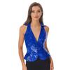 Women Stylish Solid Color Vest Lapel Design Sleeveless Sparkling Sequin Detail Party Top Nightclub Outfit