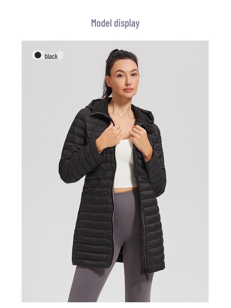 Lulu Women's Mid-Length Sporty Down Jacket: Windproof, Warm, Hooded, Zip Waist, Slimming Lightweight Coat for Autumn and Winter