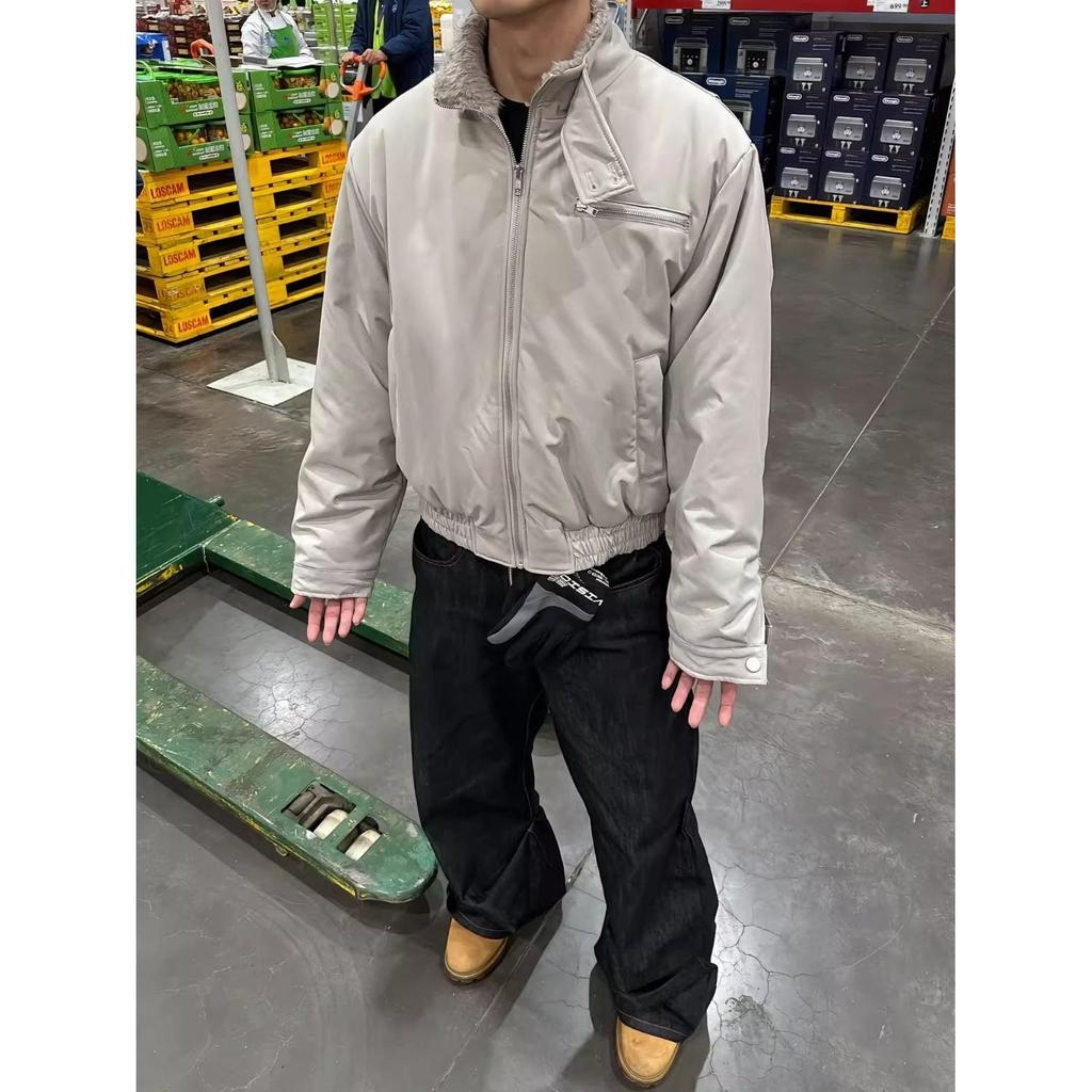 Cement Gray Winter Warm Fur Collar Cotton Harrington Bomber Jacket