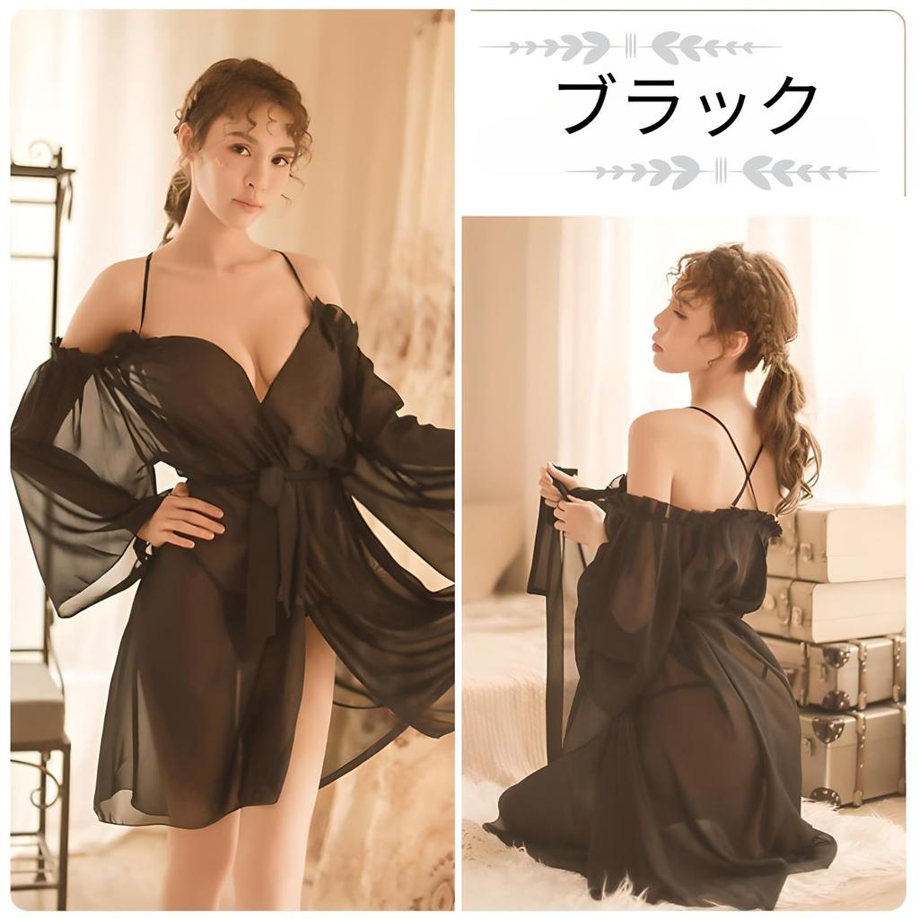 Lingerie Shorts Loose [AQURAD] Simple, Sexy, Babydoll, Shirt-Style, Off-Shoulder, Pajamas, Nightwear, Set, Fit, Sheer, Cute, Women's (Black)