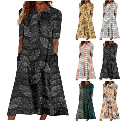 Summer Dress For Women Casual Floral  Printed V-Neck Short-Sleeve Button Pocket Beach Swing Dress
